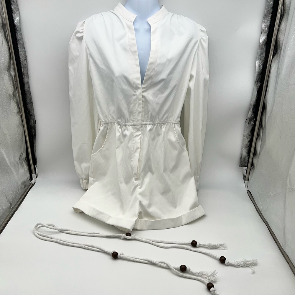 Rêveuse White Long Sleeve Romper Cuffed Shorts w/Tassel End Rope Belt-Size M